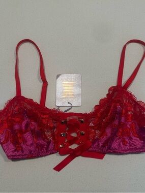NEW Savage X Fenty Lace'd Up Balconette Bra Sz L Pink Orange Satin Coquette Sexy